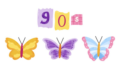 Cute cartoon set of butterflies as trendy symbol of Y2k, 90s and 00s. Flying tropical and garden insect. Hand drawn simple butterfly isolated on white background. Nostalgia for 1990s aesthetic