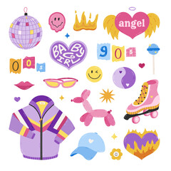 Cute cartoon hand drawn Y2k set with symbols from 90s, 00s. Retro aesthetic clipart of sport jacket, disco ball, butterfly, flame, cassette, roller skate, lips. Nostalgia for 1990s vibe.