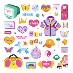 Big cartoon Y2k set with symbols from 1990s, 2000s. Retro aesthetic clipart of sport jacket, radio, electronic toy, butterfly, baby, old PC, cassette, roller skate, angel. Nostalgia for 90s vibe.