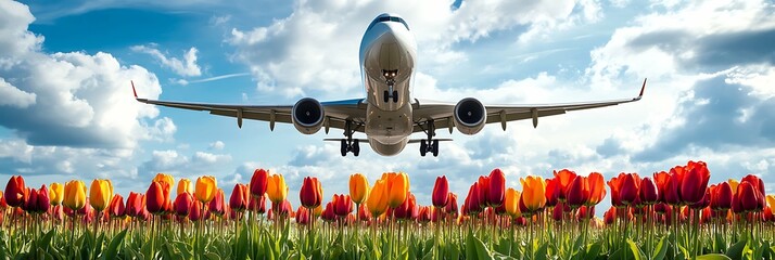 Airplane. Landscape with passenger airplane is landing near the flowers field . Passenger airliner is landing. Commercial plane and tulips