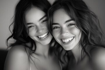 Joyful Smiles of Two Women in Black and White