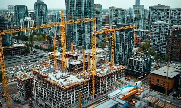 Urban High-Rise Construction Site with Multiple Tower Cranes
