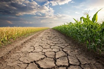 Contrast between vibrant crops and desolate soil conveying themes of agricultural survival adaptation and the urgent need for environmental action