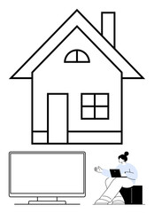Large house with chimney, person sitting with laptop, large monitor nearby. Ideal for remote work, home office setup, technology usage, lifestyle, work-life balance communication productivity. Line