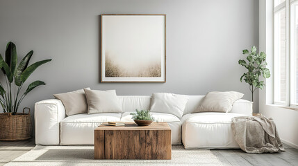 Naklejka premium Elegant Home Interior with Wooden Coffee Table, White Sofa, and Art Poster on Grey Wall