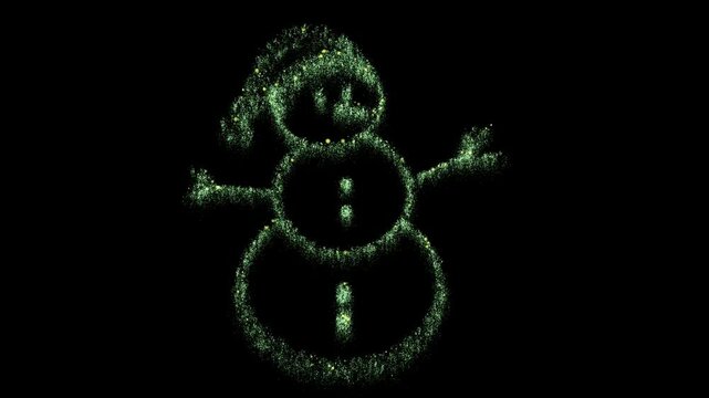 reen lights form a decorative Christmas snowman on a black background