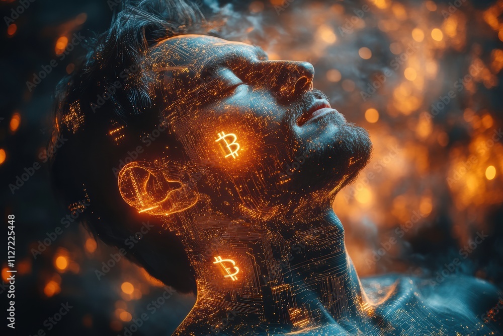 Poster Futuristic cryptocurrency concept featuring a man with floating Bitcoin symbols and abstract digital accents.