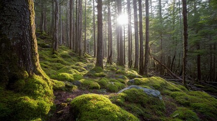 Obraz premium Serene forest scene with sunlight filtering through tall trees onto a moss-covered ground.