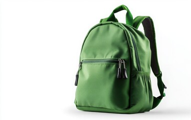 Fototapeta premium A green school backpack on a white background, captured in high resolution with professional color grading, soft shadows, and a clean