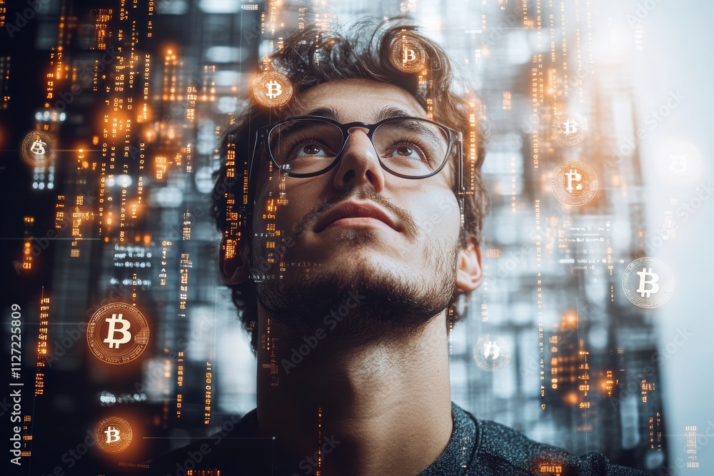 Poster futuristic cryptocurrency concept featuring a man with floating bitcoin symbols and abstract digital