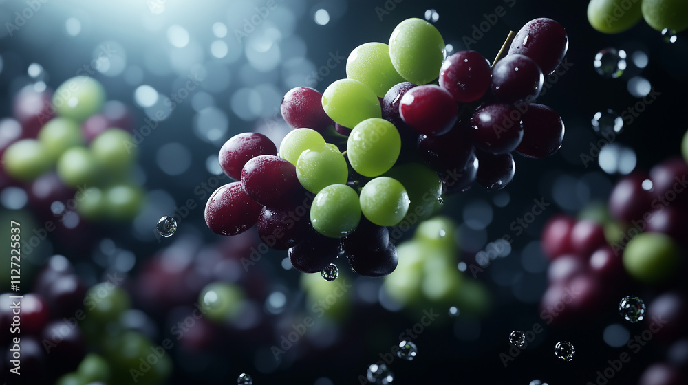 Poster grapes of various shades floating dynamically, with light highlighting their smooth textures and ric