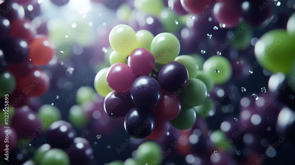 Poster grapes of various shades floating dynamically, with light highlighting their smooth textures and ric