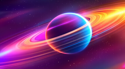 Obraz premium Saturn and its rings at an oblique angle in neon colorful lights, digital shapes design, bright color wallpaper. Oblique. Illustration
