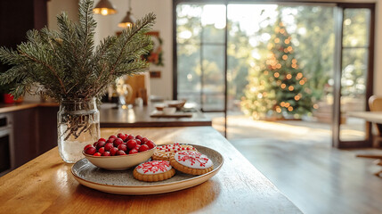 Naklejka premium Rustic holiday kitchen scene with cookies and cranberries, Christmas tree in the background, perfect for festive xmas website banner background