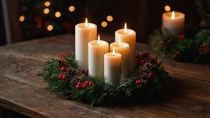 beautiful Advent wreath made of fresh evergreen branches, arranged in a perfect circle to symbolize eternity. The wreath features four magical and unimaginable candles evenly spaced around it three pu