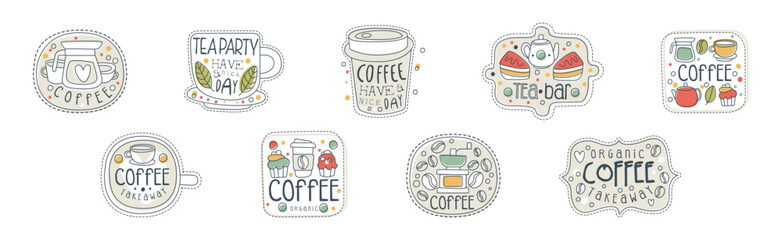 Takeaway Tea and Coffee Hand Drawn Label Vector Set