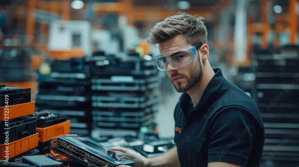 Poster a worker in protective eyewear inspects a pile of old tablets and gadgets, with stacks of neatly sor