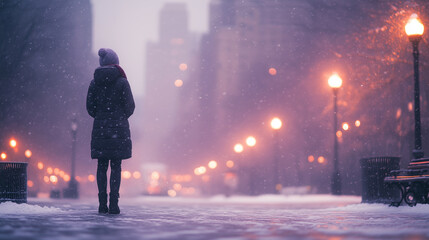 Woman Walking in Snowy Urban Landscape at Twilight