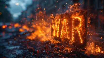 text "WAR" on the background of explosions and fire 