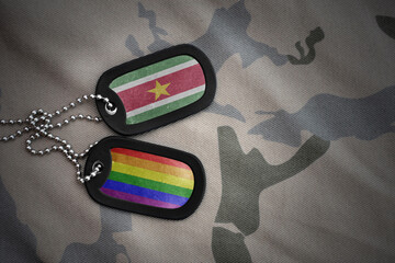 army blank, dog tag with rainbow gay pride flag and suriname on the khaki texture background....