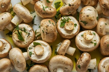 A photo of creamy roasted mushrooms with golden-brown, speckled with herbs