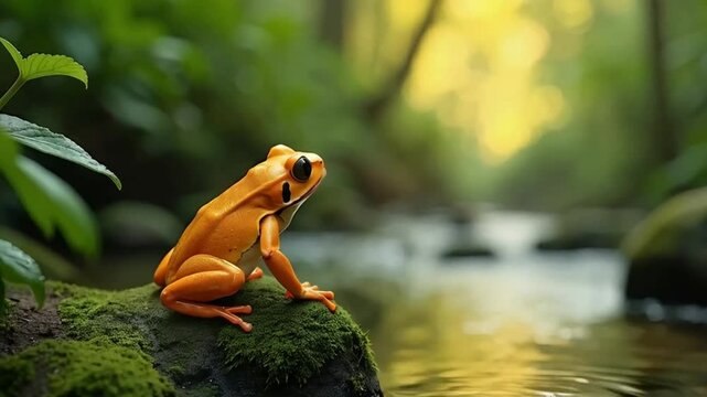 "A cinematic shot of a golden poison dart frog sitting on a mossy stone near a crystal-clear rainforest stream. The frog's vivid yellow-orange color contrasts with the lush greenery and soft bokeh eff