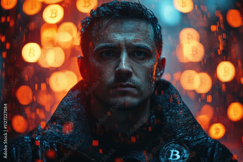 Poster futuristic financial scene with a professional man surrounded by bitcoin tokens and technology-inspi