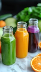 Three colorful juice bottles surrounded by fresh fruits and vegetables on a marble surface.