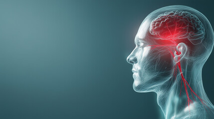 A detailed rendering of the head with the trigeminal nerve branching visibly, a painful area highlighted in red, and descriptive labels discussing neuralgia triggers and remedies