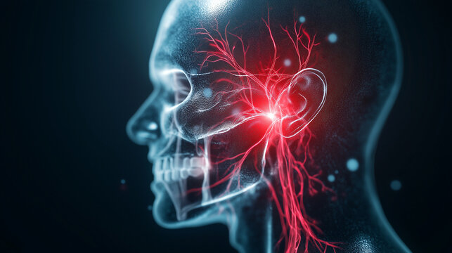 A 3D medical illustration of the trigeminal nerve branching across the face, with a red glowing area highlighting pain near the jaw and cheek, accompanied by text explaining trigem