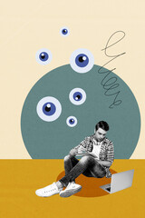 Composite artwork 3D photo collage trend template of hacker eye privacy look laptop internet online...