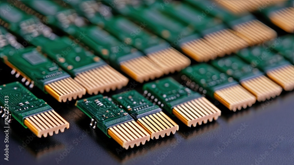 Poster close-up view of multiple green and gold motherboards organized in symmetrical rows on a dark surfac