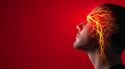 A head silhouette with detailed trigeminal nerve branching in yellow, a vivid red zone on the cheek indicating pain, and a sidebar with concise information about neuralgia and ther