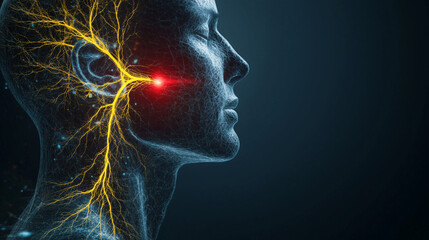 A head silhouette with detailed trigeminal nerve branching in yellow, a vivid red zone on the cheek indicating pain, and a sidebar with concise information about neuralgia and ther