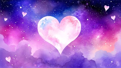 Dreamy watercolor heart surrounded by soft clouds and stars in a cosmic purple background