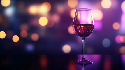A single wine glass filled with sparkling champagne, with vibrant bokeh lights in the background transitioning from golden to deep purple, evoking a luxurious party atmosphere. Spa