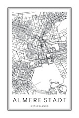 Printable downtown road map poster of the Dutch city of ALMERE STADT on solid white background with city name