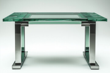 Photo studio d'un bureau en verre moderne avec pieds m&eacute;talliques &eacute;l&eacute;gants, design minimaliste et lignes &eacute;pur&eacute;es, sur fond blanc