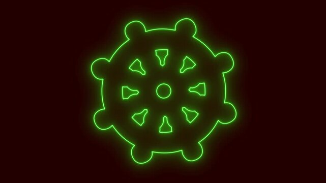 3D render of the Dharma Wheel green color rolloing saber animationwith a red background.