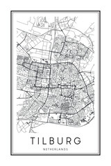Printable downtown road map poster of the Dutch city of TILBURG on solid white background with city name