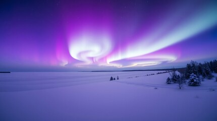 Northern lights in white and purple colors seen at night over the snow
