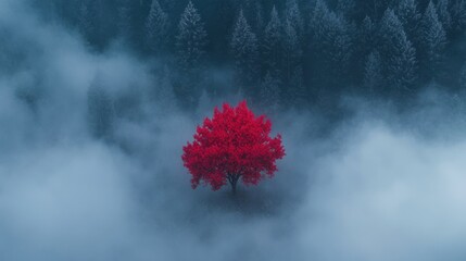 A captivating red tree glows in the heart of a foggy forest, its striking hue creating a stark contrast with the dense white mist