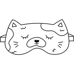 Cute outline sleeping mask in the shape of cat head. Funny childish animal eye mask with tired kitten. Hand drawn doodle bedtime accessory for comfort dreaming isolated on white background.