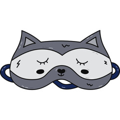 Cute line sleeping mask in the shape of raccoon head. Funny childish animal eye mask with resting raccoon. Hand drawn colorful doodle bedtime accessory for comfort dreaming isolated on white