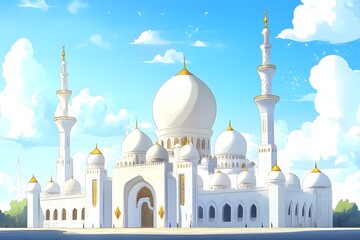 Obraz premium mosque, illustration, architecture, religion, design, minaret, landmark, building, travel, heritage, india, spirituality, dome, sky, vector, asia, culture, historical building, crescent moon, artwork,