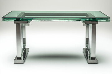 Photo studio d'un bureau en verre moderne avec pieds métalliques élégants, design minimaliste et lignes épurées, sur fond blanc