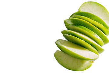 a sliced green apple on a white background