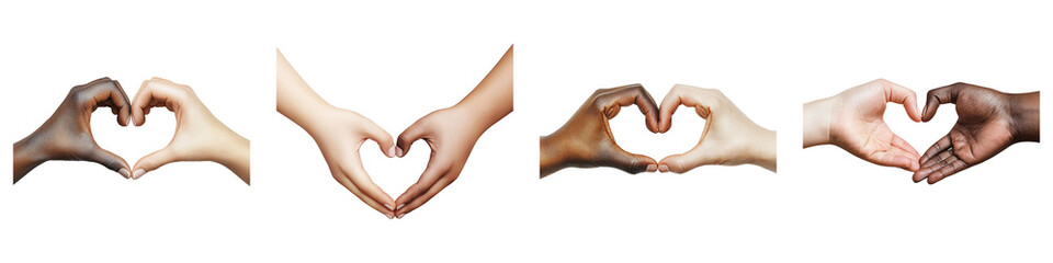 Valentines concept. on transparent background. Hands forming heart shapes in varying skin tones against  on Transparent background.