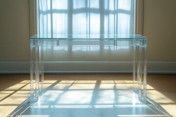 Photo studio d'un bureau en verre moderne avec pieds métalliques élégants, design minimaliste et lignes épurées, sur fond blanc
