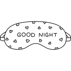 Cute line sleeping mask with lettering Good Night and heart pattern. Funny girly doodle eye mask. Hand drawn bedtime accessory for sweet dreaming to prevent insomnia isolated on white background.